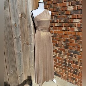 David Meister One Shoulder Asymmetrical Metallic Gold Maxi Dress